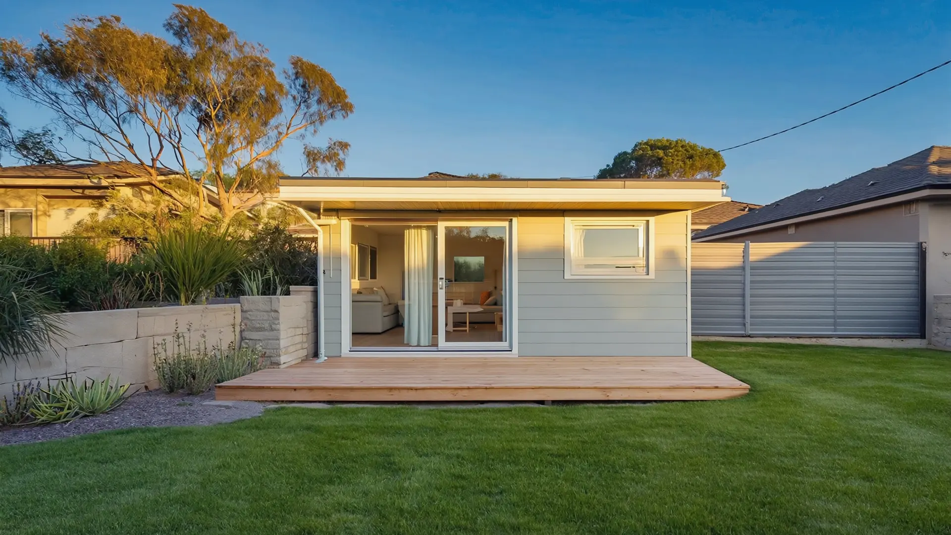 A compact modern granny flat with a timber deck in a sunny Perth backyard, gum tree behind